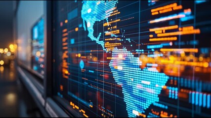 Glowing digital world map interface with data points showing global technology and connectivity bright blue and orange - Powered by Adobe