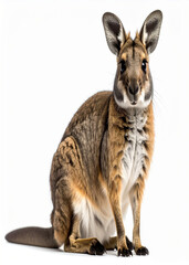 A wallaby sits upright, facing forward against a white background, showcasing its detailed fur and attentive expression.