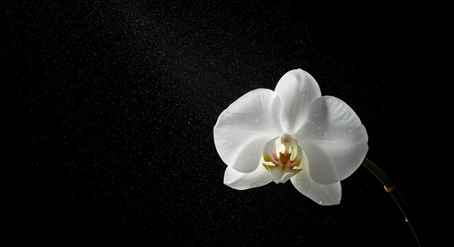 Stunning white orchid flower with sparkling water droplets on black background, showcasing delicate petals and fresh beauty.