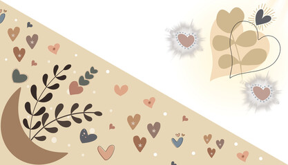 Romantic Abstract Heart Pattern with Leaves and Crescent Moon – Soft Pastel Illustration. Hand-drawn abstract composition featuring hearts, branches, and a crescent moon in warm pastel tones. 