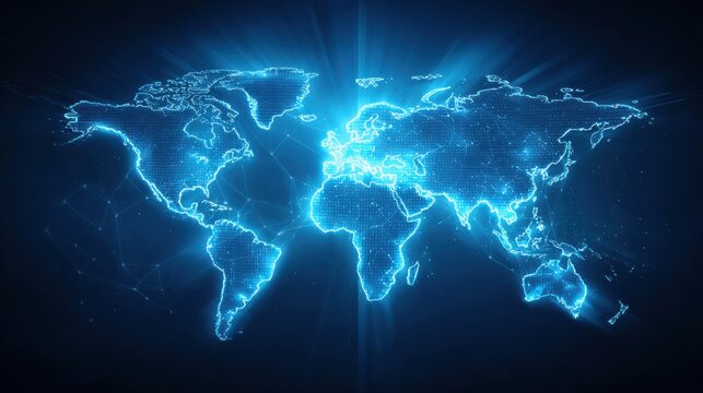 Fototapeta Fundraising Trends for Startups. A glowing digital world map with network connections and bright blue light effects on a dark background.