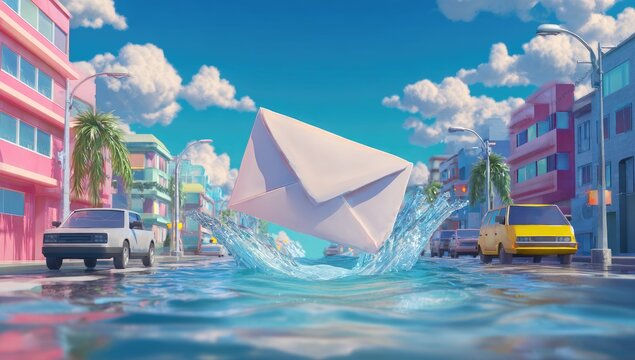 A vibrant, cartoonish scene of a letter in the air, splashing down a flooded city street