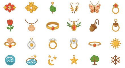 Nature-inspired women’s jewelry flat icon set, 15 items