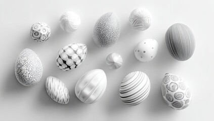 Monochrome Easter eggs arranged on a plain background