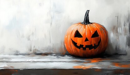 Orange Jackolantern Pumpkin with Carved Face on Wooden Surface Halloween