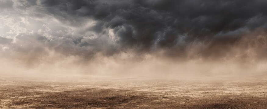 The dramatic stormy landscape with rolling clouds and a barren field
