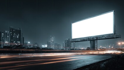Blank billboard at night over city highway