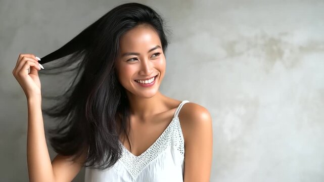 Cheerful Thai model with soft lighting and flowing hair.