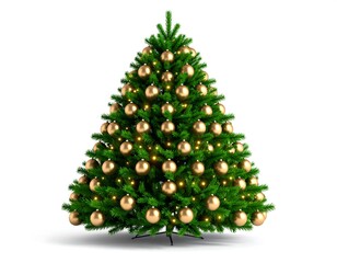 Full shot of a stylized Christmas tree.  Golden ornaments adorn the evergreen branches.  Bright lights twinkle amongst the decorations.  Isolated against a white background