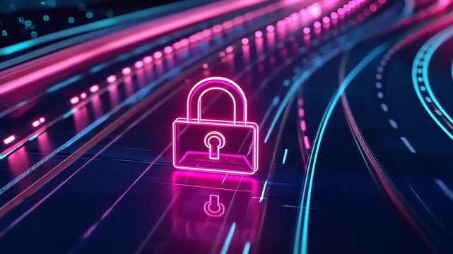 Neon lock symbol on a futuristic road illuminated with vibrant pink and blue lights at night