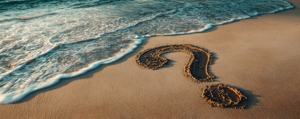 A sandy beach displays a question mark near the ocean's edge, inviting contemplation and reflection on life's mysteries.