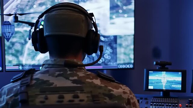 Military personnel operating drone control system in a high-tech command center with digital displays