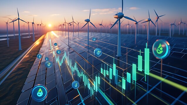 Sustainable Energy Landscape with Wind Turbines, Solar Panels, and Digital Financial Charts - Representing Green Investment, Renewable Energy, and Environmental Technology