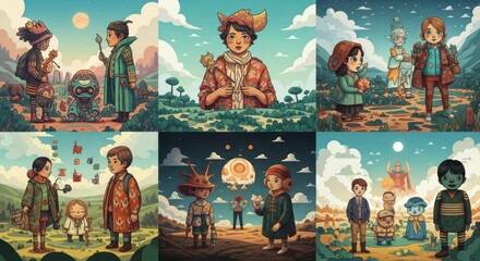 Children characters fantasy landscape whimsical illustration colorful scene