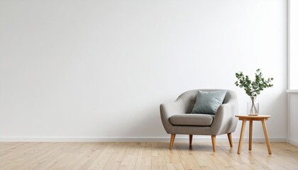 A minimalist living space features a modern gray armchair with a cushion, next to a small wooden side table holding a glass vase with green foliage.