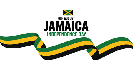 Jamaica Independence Day 6 August tribute featuring flag with coat of arms, bold green-yellow-black ribbon, and celebratory layout