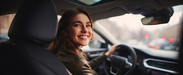 The smiling woman driving a car on an urban road during the day.