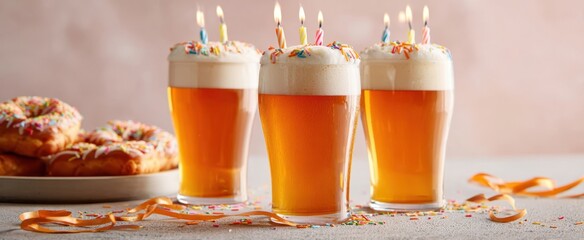 The festive beer glasses adorned with birthday candles and colorful donuts.