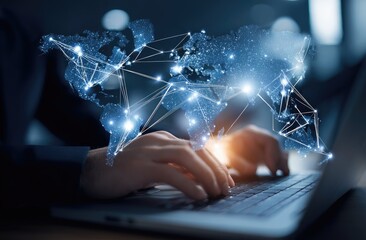 Global connectivity, hands typing on laptop