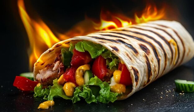 Grilled shawarma wrap bursting with flavor, engulfed in dramatic fire flames. This delicious meal features tender meat, fresh lettuce, tomatoes, and melted cheese