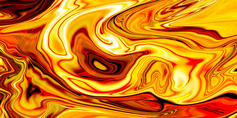 A vivid abstract artwork with swirling patterns of yellow, orange, and red, resembling molten lava or fiery liquid in motion.

