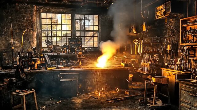 An artisan's workshop filled with tools and materials, showcasing a glowing forge in action
