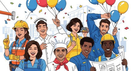 Bright, optimistic art featuring a diverse group of happy professionals like construction workers, chefs, and more, celebrating with balloons and confetti, symbolizing success and teamwork.
