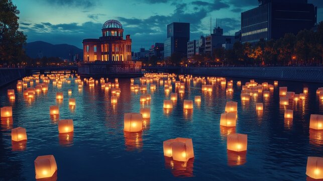 Dusk scene of numerous floating paper lanterns illuminating a calm river, with a prominent domed building and city skyline in the background