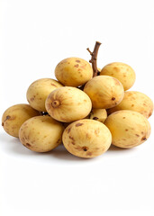 A cluster of ripe, pale yellow lanzones fruits on a branch, isolated against a white background.