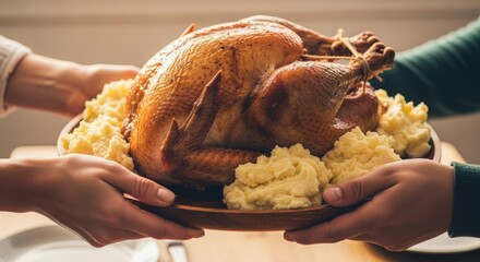 Four hands from different people holding wooden platter with golden roasted turkey and mashed potatoes. Thanksgiving family sharing and togetherness concept.
