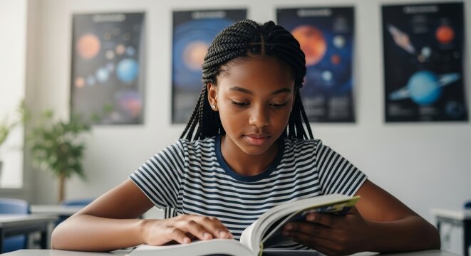 Focused teenage girl with braids reading textbook in modern classroom with science posters. Education, studying, and academic learning concept in school setting. - Powered by Adobe