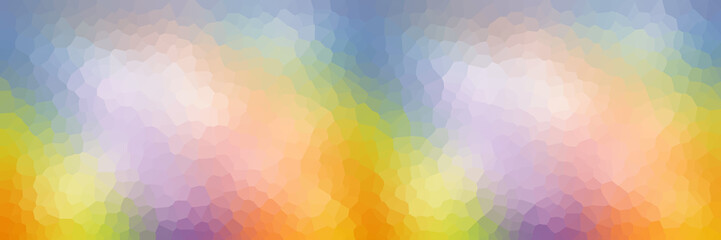 Long banner. Pastel rainbow blue yellow lilac background, crystals mosaic. copy space