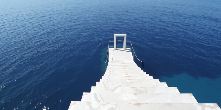 White staircase leading into the deep blue ocean with a white doorway at the end of the stairs