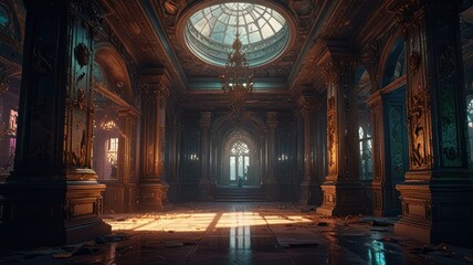 Obraz premium Grand, ornate hall with a domed ceiling, sunlight, and detailed carvings