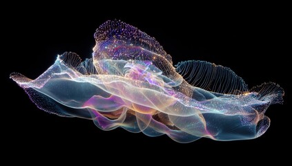 Obraz premium An ethereal, glowing abstract form with shimmering particles floats against a stark black backdrop, evoking a sense of mystery and otherworldly beauty.