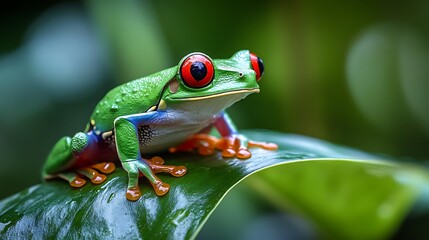 Fototapeta premium Red eyed tree frog perched on green tropical leaf closeup rainforest wildlife