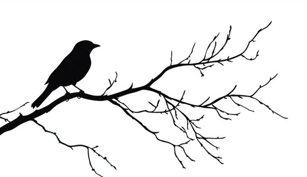 Black bird silhouette perched on a bare tree branch against a clean white background. This image evokes tranquility, showcasing nature simplicity and a peaceful avian moment
