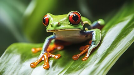 Fototapeta premium Red eyed tree frog perched on green tropical leaf closeup rainforest wildlife