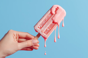 A hand holding a melting pink popsicle against a bright blue background, with creamy drips creating a playful and refreshing summer vibe.