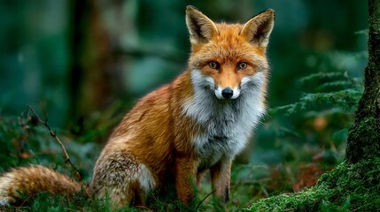 Fototapeta premium Red fox in rewilding forest alert pose vibrant fur natural habitat soft forest tones wild