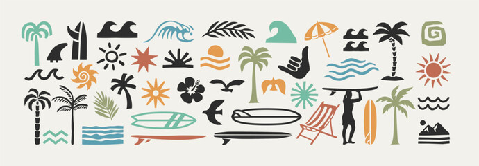 Surf and beach icon vector set with tropical elements like palm trees, waves, surfboards, and sun. Perfect for summer designs, t-shirts, posters, stickers, and coastal branding. © cddesign.co