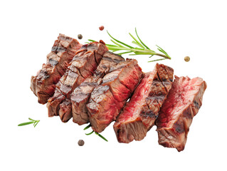 Sizzling grilled steak slices with fresh rosemary and peppercorns, a culinary delight.