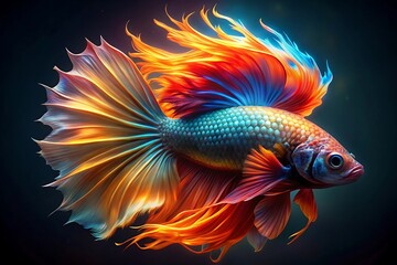 Fototapeta premium Vibrant betta fish with fiery flowing fins and scales showcasing a spectrum of rainbow colors against a dark background