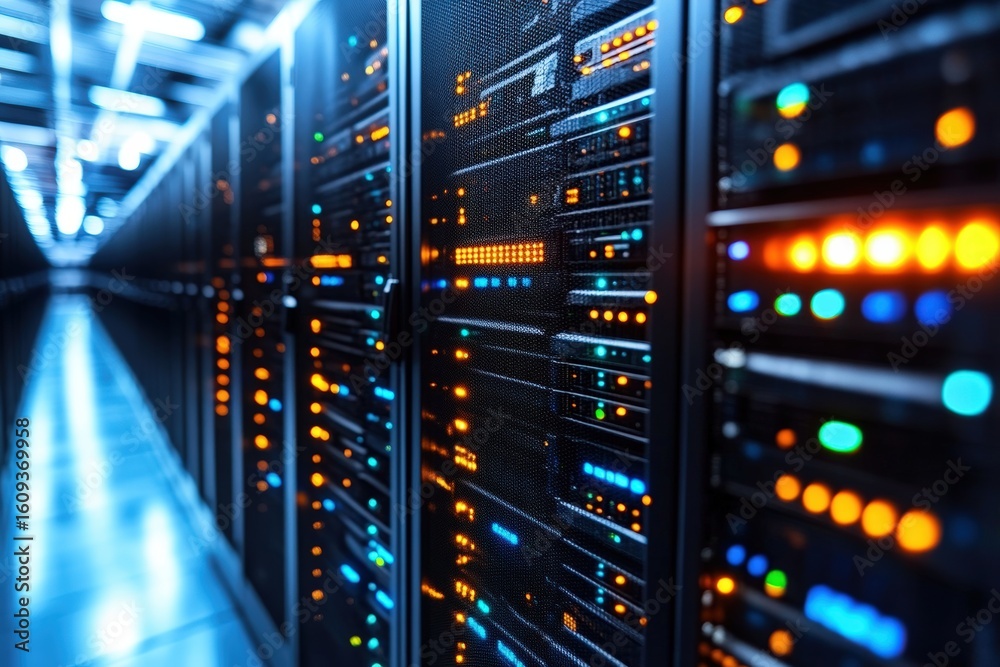 Poster a row of illuminated server racks in a modern data center with glowing led lights and a futuristic b