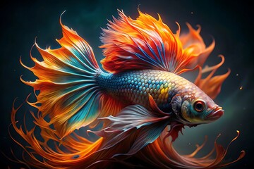 Fototapeta premium Vibrant betta fish with fiery orange and blue fins displaying majestic flowing fins in dark water