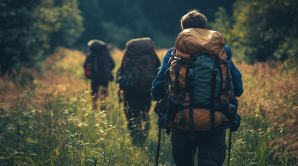 Hikers traverse a lush forest trail during golden hour on a summer evening