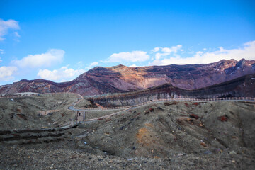 Mount Aso Crater Landscape under Blue Sky, Kyushu, Japan