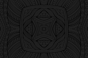 Ethnic black background, banner, wallpaper, tribal cover design, mural. Geometric embossed abstract pattern in doodling and zentangle style. Ornaments of the East, Asia, India, Mexico, Aztec, Peru.