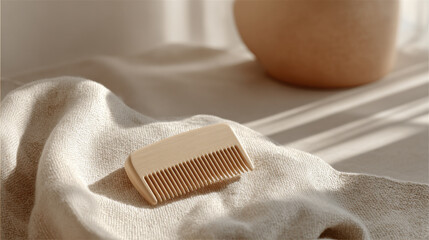 beautifully crafted wooden comb rests on soft linen fabric essence of minimalism