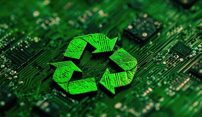 Green recycle symbol on a circuit board